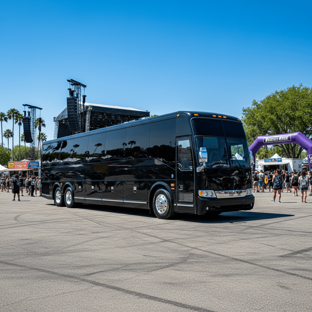 Luxury party bus exterior with chrome accents and large windows parked on the Las Vegas Strip