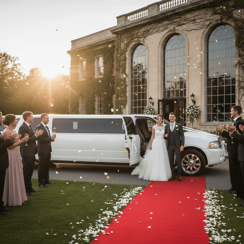 White stretch limousine with wedding decorations and flowers waiting outside a Las Vegas chapel