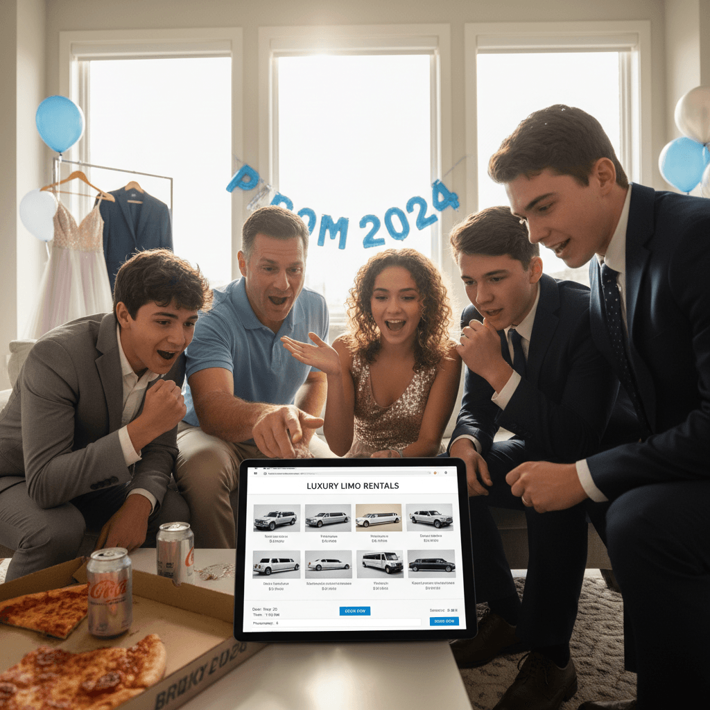 Parents and students reviewing prom limo booking details on a tablet outside a Las Vegas venue
