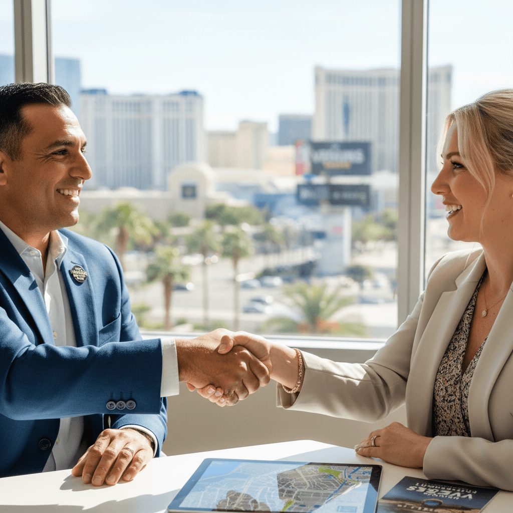 Tour club host and Airbnb operator shaking hands over a referral partnership for Las Vegas transportation
