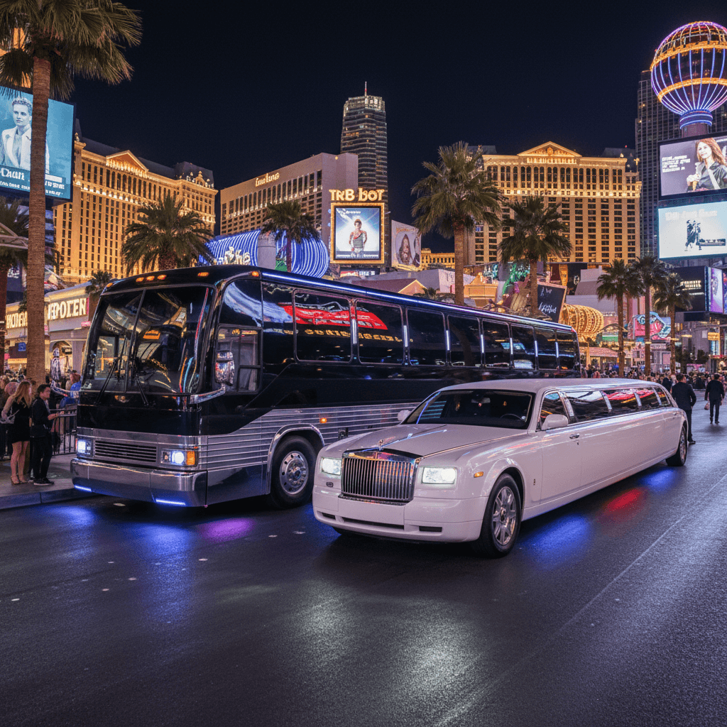 Large luxury party bus with LED lights and entertainment system parked in Las Vegas