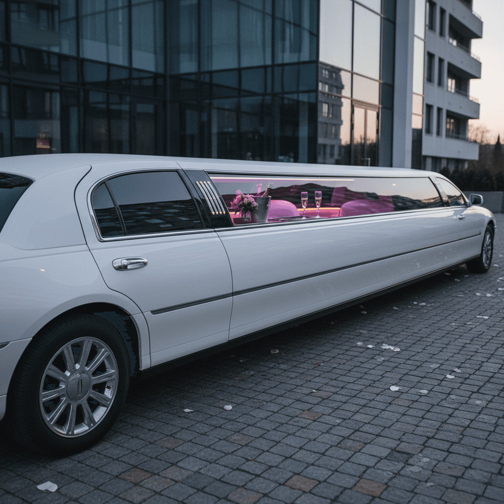 VIP luxury ride package with champagne and premium amenities inside a black stretch limousine